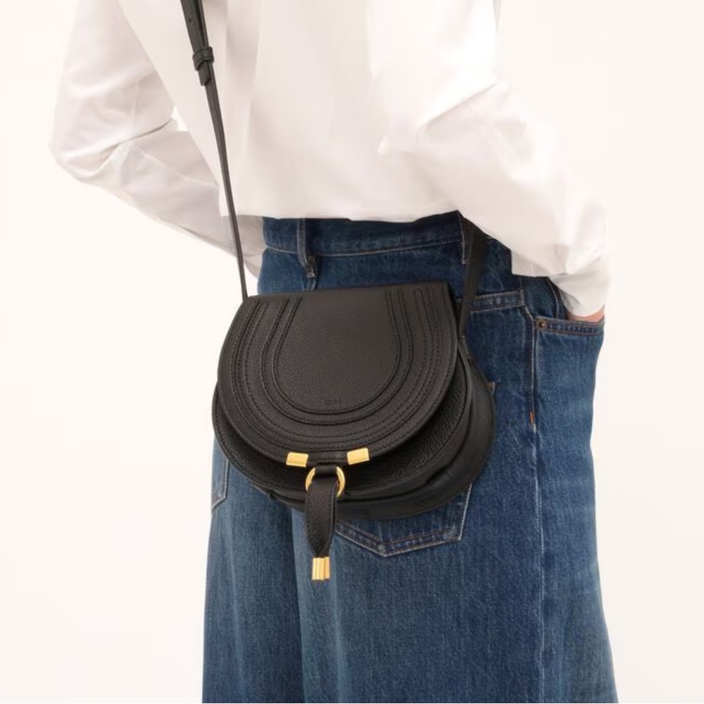Black Chloe Small Marcie Saddle Bag Grained Leather Crossbody